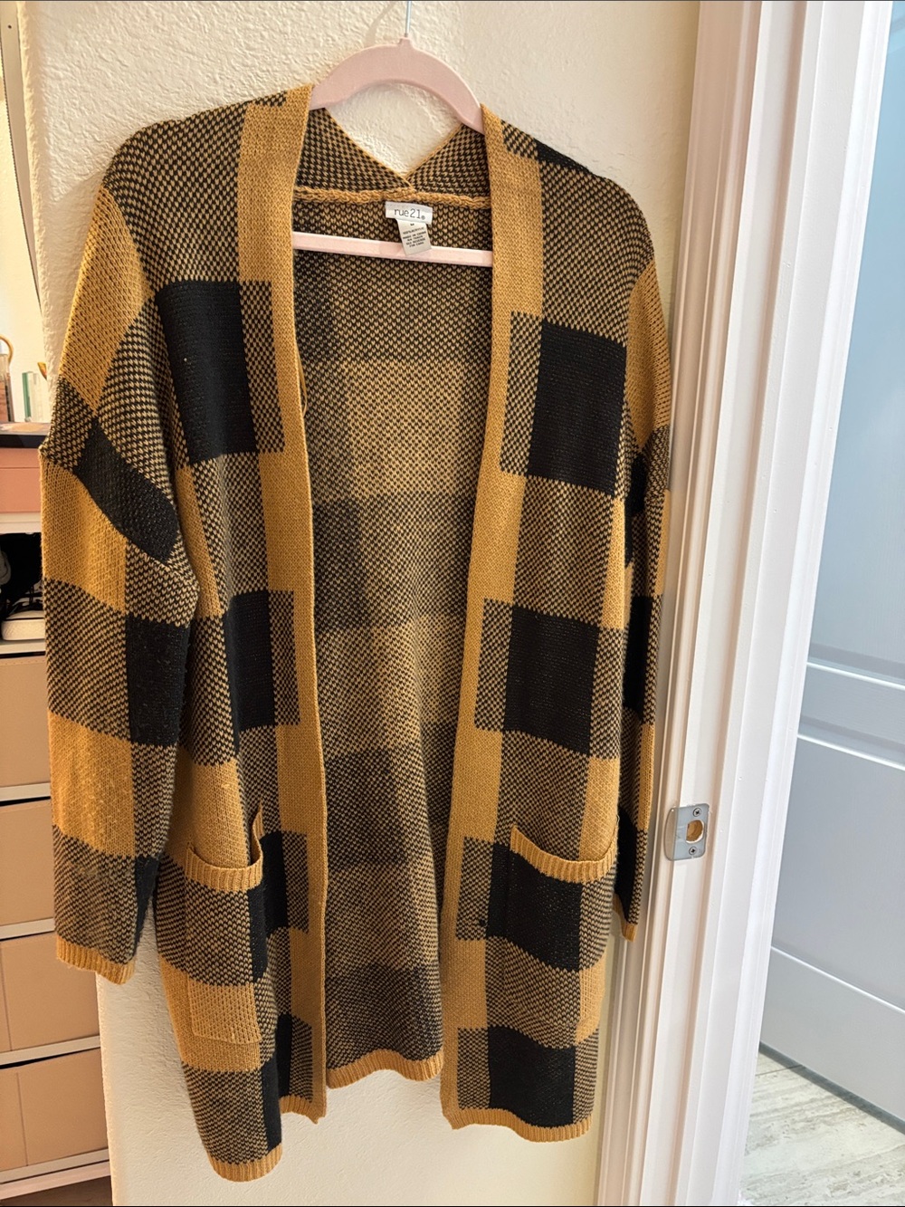 Rue21 Black & Mustard Plaid Open-Front Cardigan